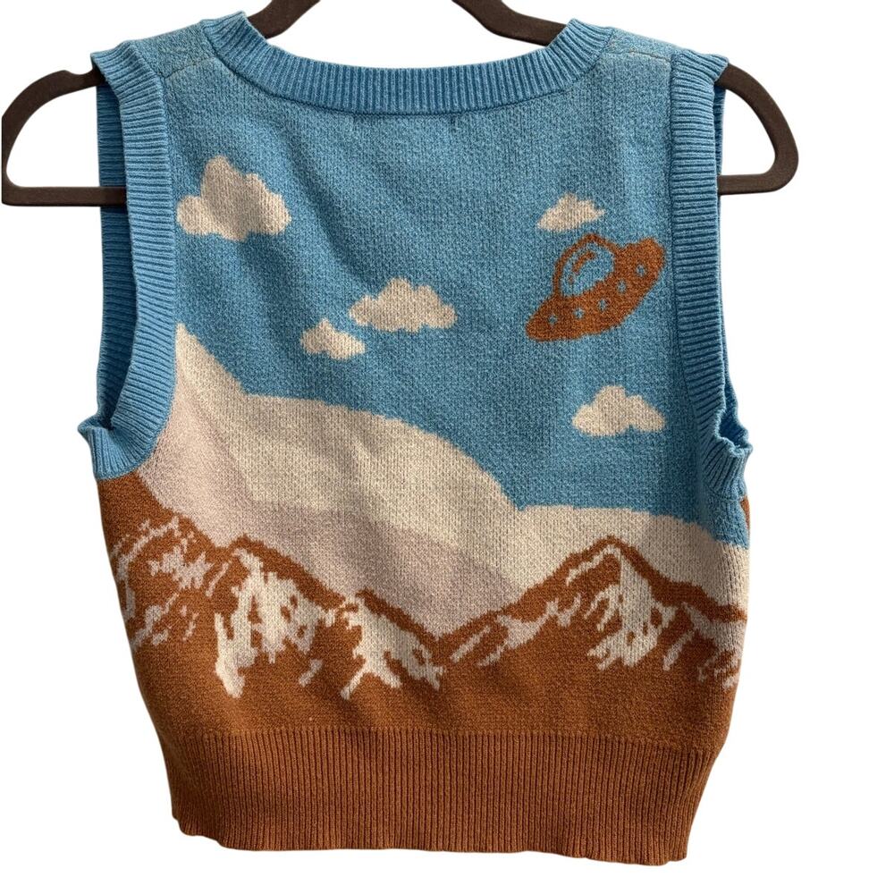 Forever 21 Sky Blue Cream and Brown Mountain & UFO Knit Vest - Picture 2 of 4